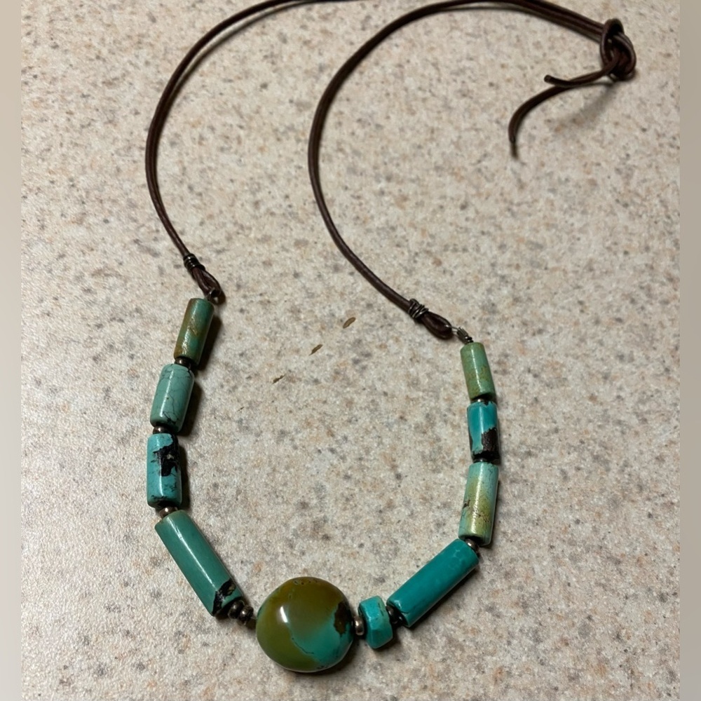 Vintage Turquoise Beaded Necklace | Southwestern Statement Leather Cord Jewelry - Picture 3 of 5